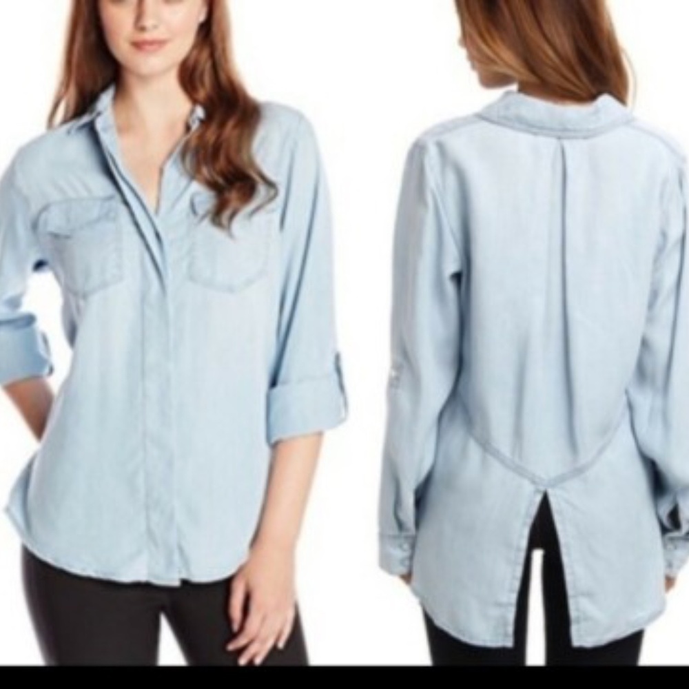 Sam Edelman Womens Shirt Size Small Blue Chambray Back Zip Hi Low Button